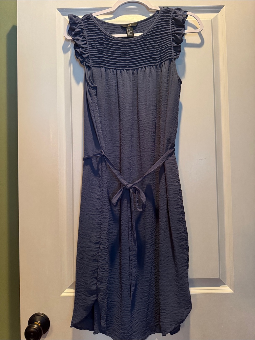 H&M Navy Blue Ruffle Sleeve Midi Dress with Tie Waist